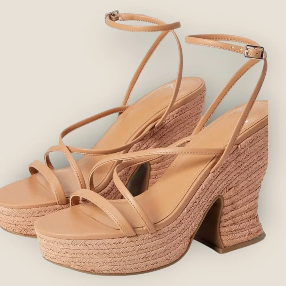 Marc Fisher LTD Fetch Tan Strappy Raffia Wedge Espadrille Platform Sandals 10M